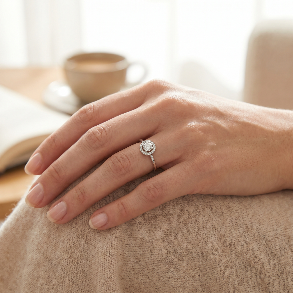 Frau trägt Halo-Verlobungsring am Finger