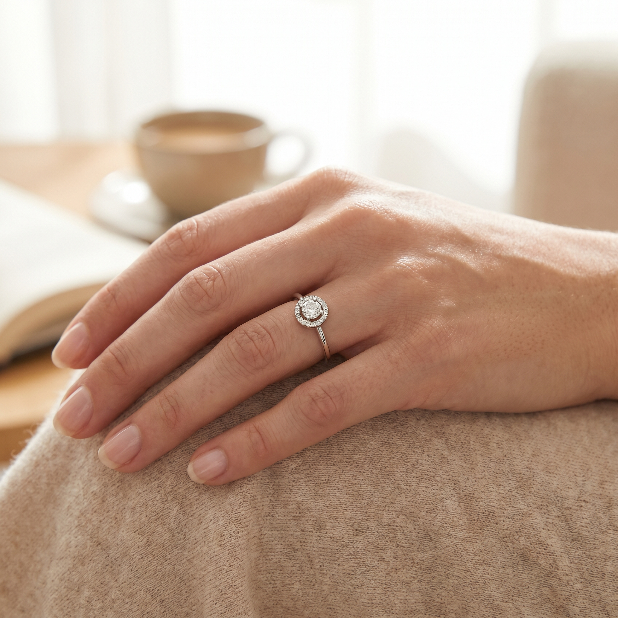 Frau trägt Halo-Verlobungsring am Finger